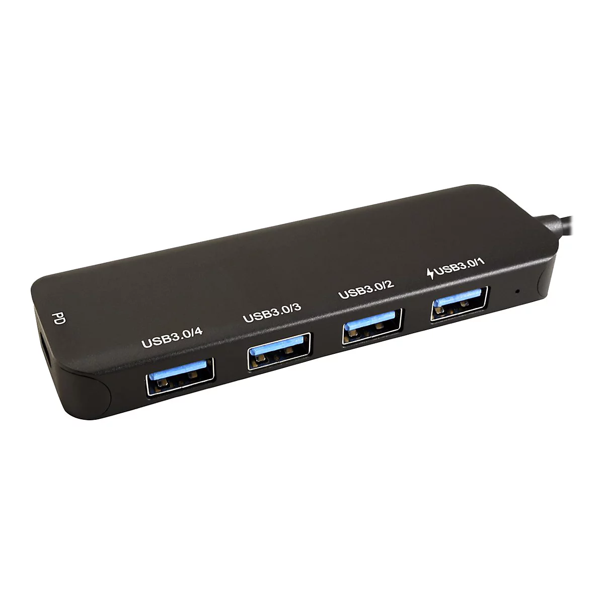 Schwarzer USB-Hub mit vier USB-3.0-Anschlüssen und einem PD-Port vor weißem Hintergrund.