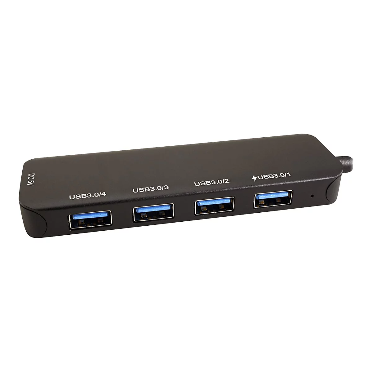 Schwarzer USB-3.0-Hub mit vier Ports vor weißem Hintergrund.