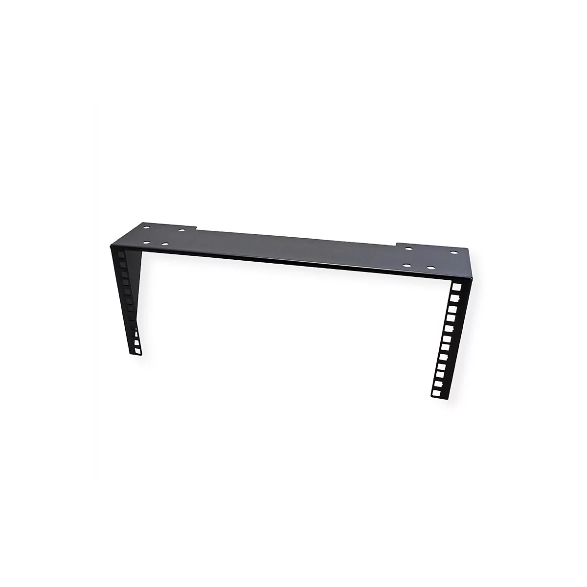 Schwarze, U-förmige 19-Zoll-Server-Rack-Wandhalterung aus Metall mit quadratischen Befestigungslöchern.