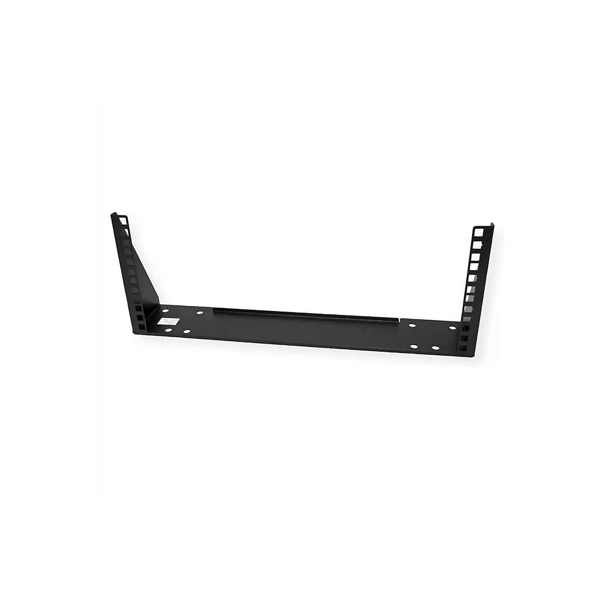 Schwarze 19-Zoll-Rack-Wandhalterung aus Metall vor weißem Hintergrund.