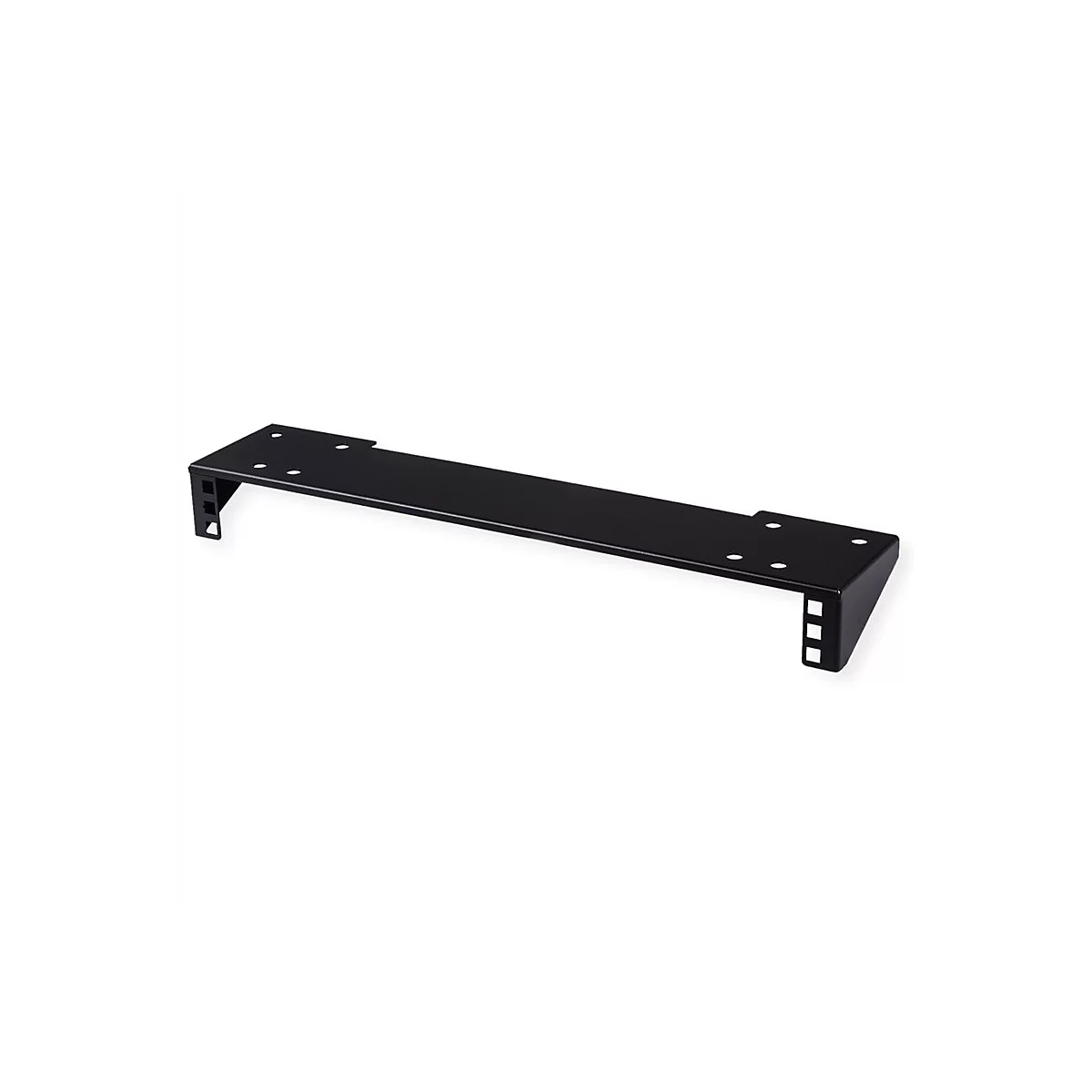 Schwarze Metall-Rack-Halterung für Server-Schränke vor weißem Hintergrund.