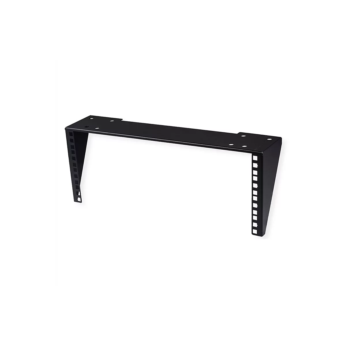 Schwarze, u-förmige Wandhalterung für Server-Racks aus Metall mit quadratischen Montagelöchern.