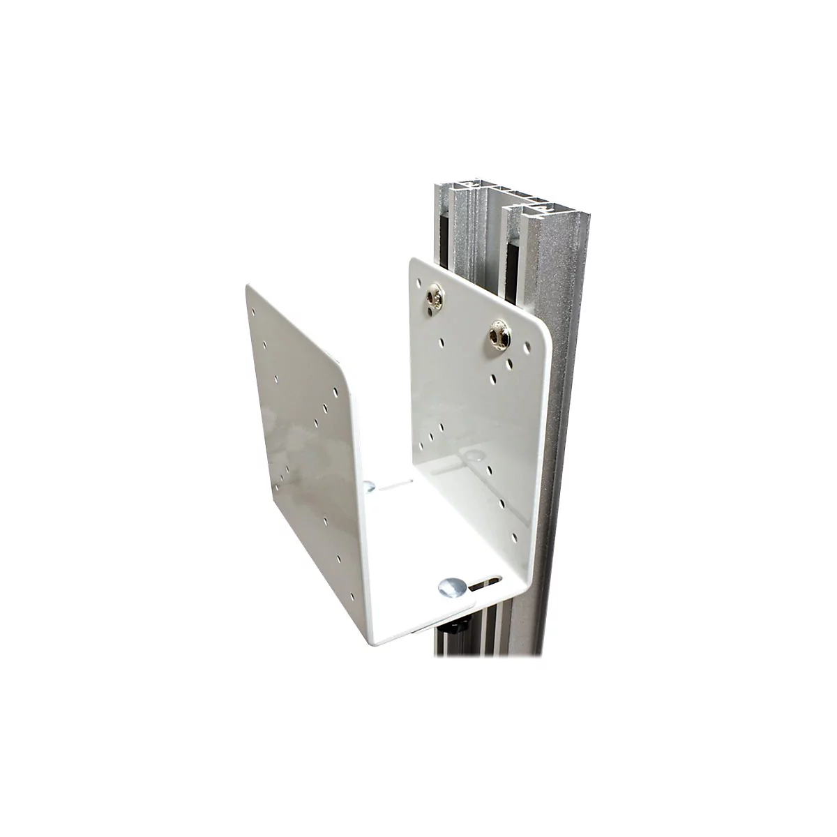 Weiße U-förmige Metallhalterung befestigt an einer vertikalen Aluminium-Profilschiene.