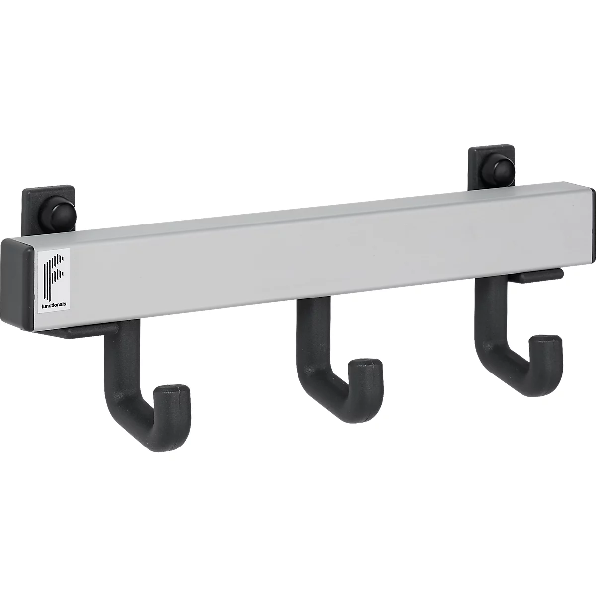 Zilveren wandgarderobe met drie zwarte haken. Het 'F' logo is zichtbaar op de balk.