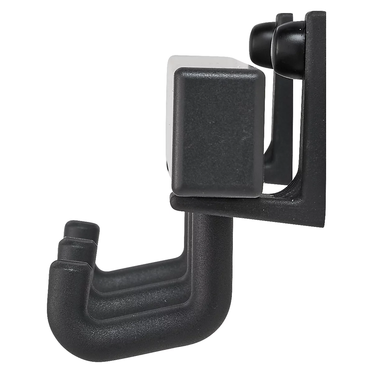 Detailopname van een zwarte haak voor wandmontage. Hij heeft een vierkant blok en drie gebogen haken.