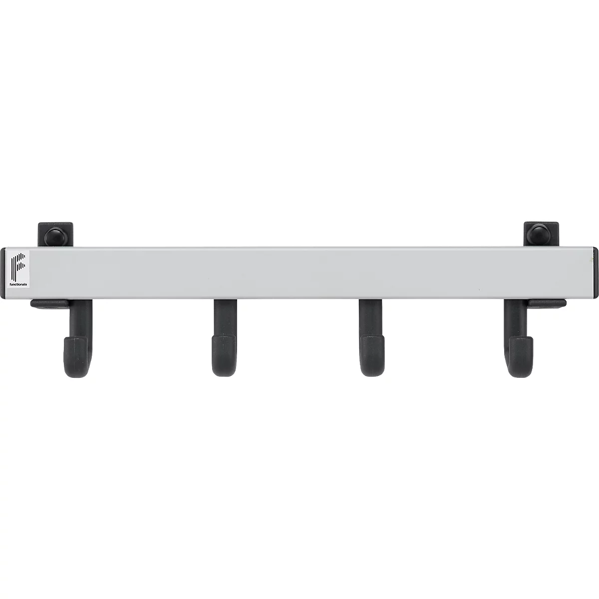 Zilveren muurbevestiging met vier zwarte haken. Een klein logo met een 'f' staat op de linkerrand.