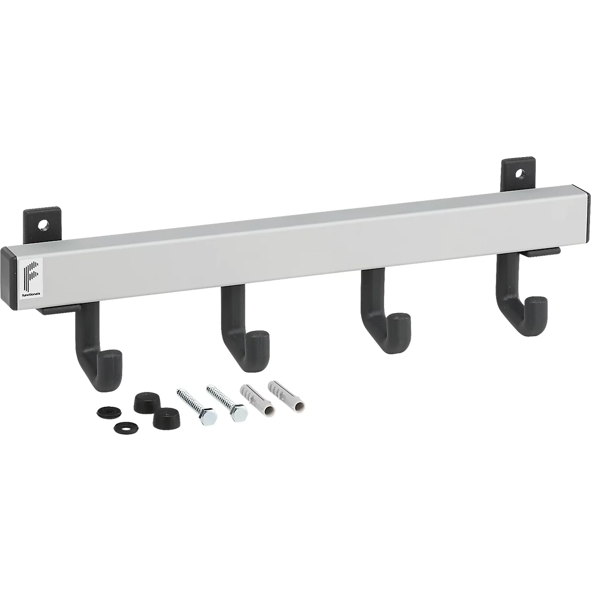 Metalen ophangrail met 4 zwarte haken en bevestigingsmateriaal.