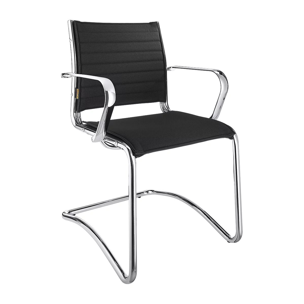 Black cantilever chair with chrome frame. Seat and backrest padded and with horizontal stripes.
