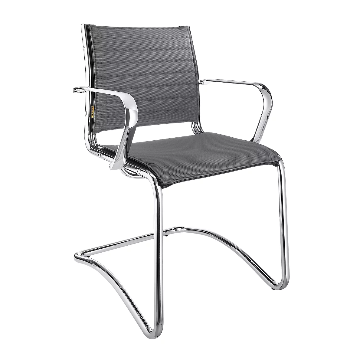 Gray cantilever conference chair with armrests, chrome frame, and ribbed backrest.