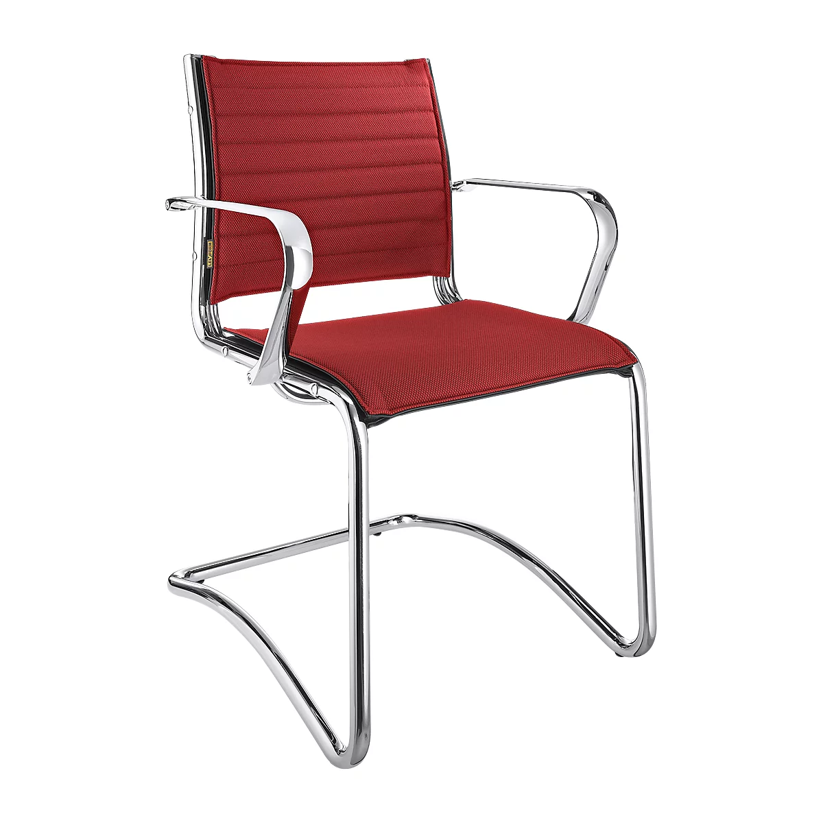 Red chair with chrome frame, armrests and horizontal stitching in the backrest.
