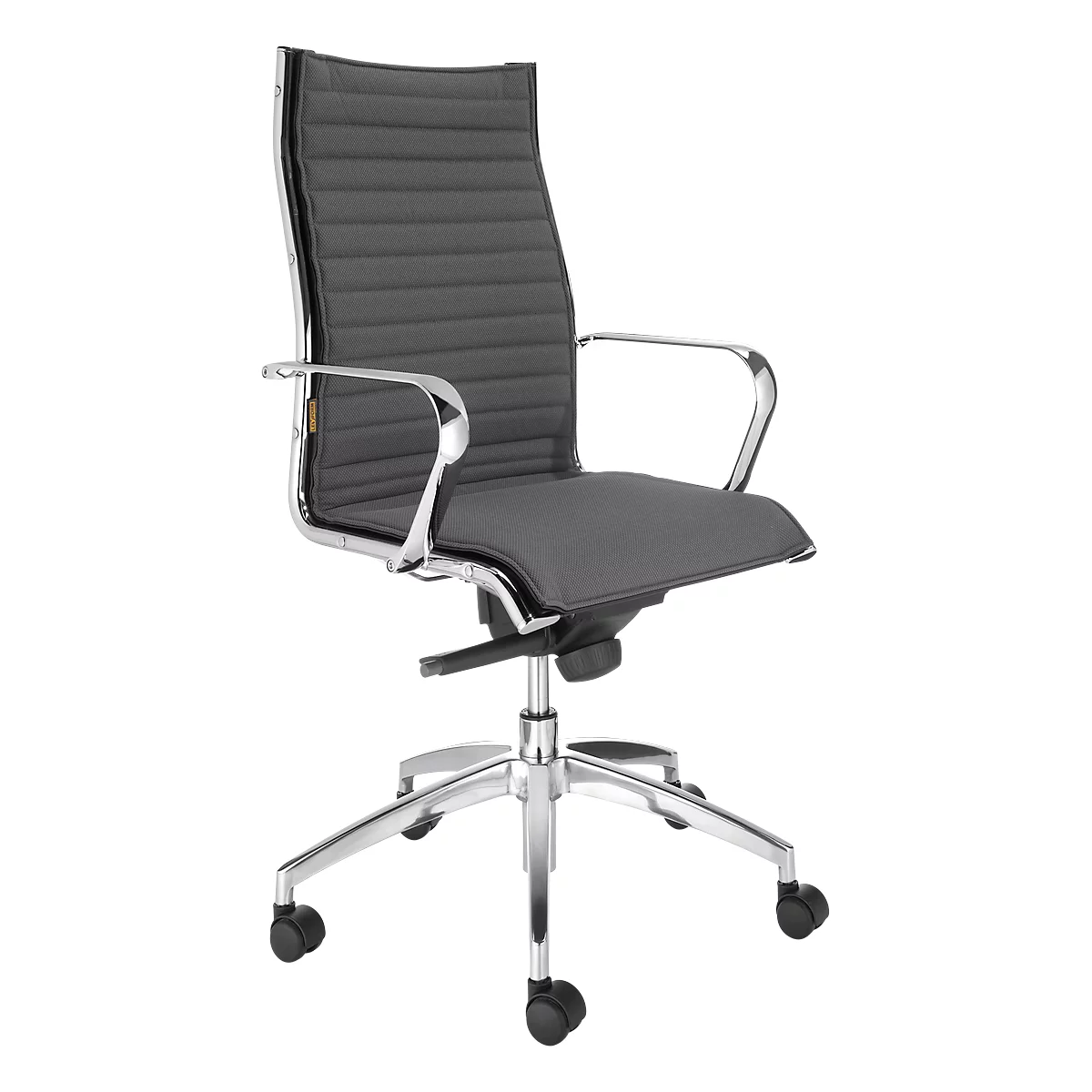 A grey office chair with armrests, chrome frame and castors, against a white background. The seat is horizontally ribbed.
