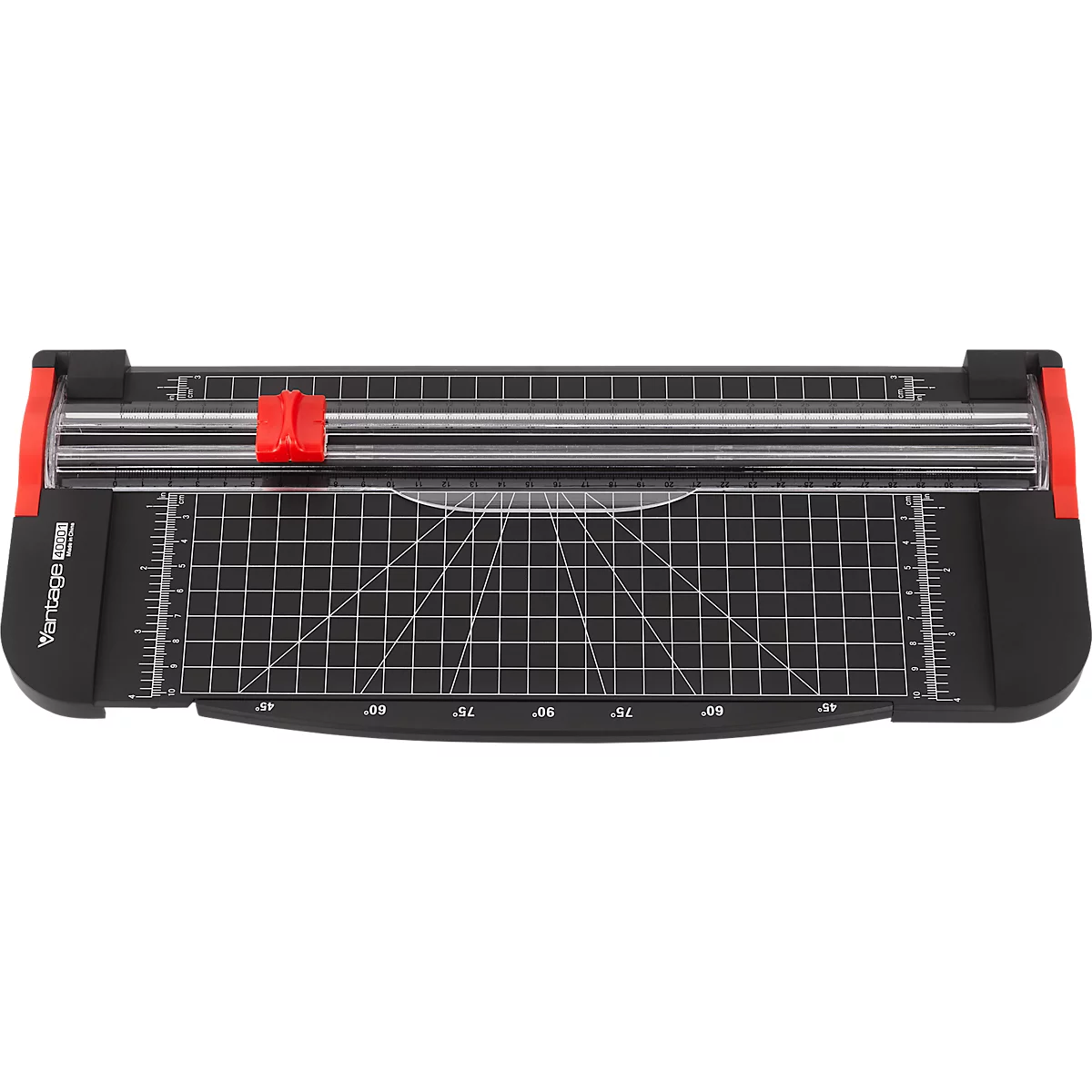 Vantage 40001 rolsnijmachine, tot A4, tot 8 vel, snijafmetingen L 300 x H 0,8 mm, liniaal, hoek- en rasterlijnen, zwart-rood