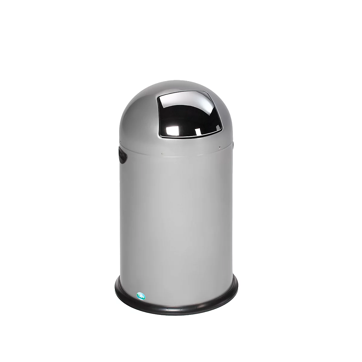 Grauer Abfalleimer mit Chromdeckel und rundem Sockel, isoliert auf weißem Hintergrund.