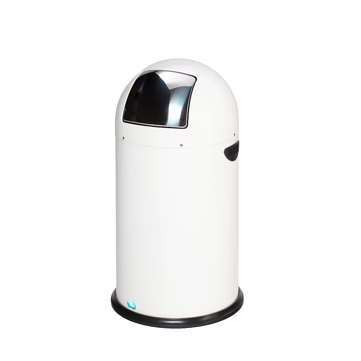 Weißer Abfalleimer mit metallischer Klappe. Der Eimer hat einen schwarzen Fuß und Henkel.