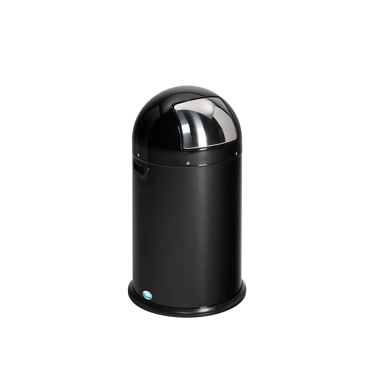 Schwarzer Mülleimer mit halbrunder, glänzender Abdeckung und silberfarbener Klappe.