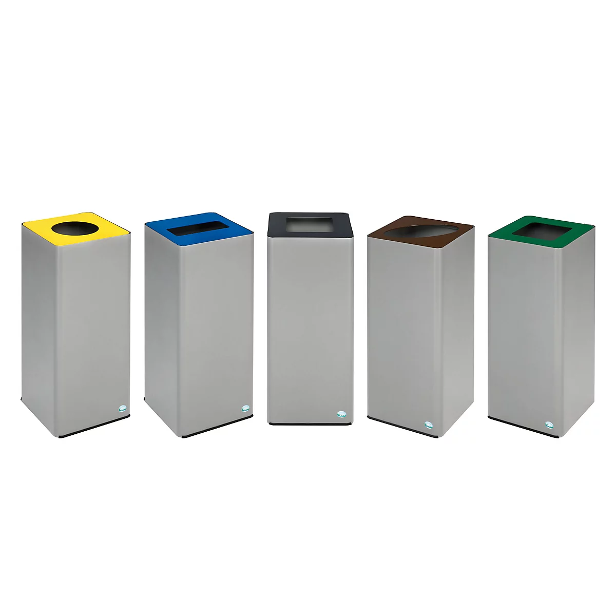 Cinq conteneurs à déchets en ligne. Chaque conteneur a une couleur de couvercle différente : jaune, bleu, noir, marron et vert.