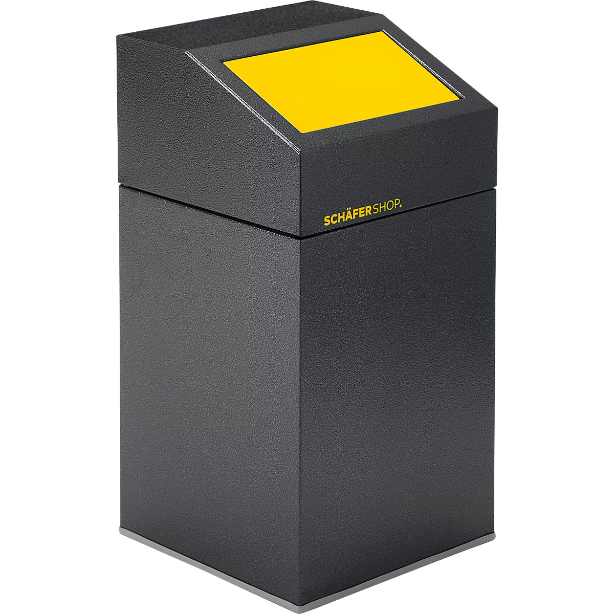 Conteneur noir en forme de cube avec surface jaune. Haut : affichage jaune. Logo : SCHÄFERSHOP.