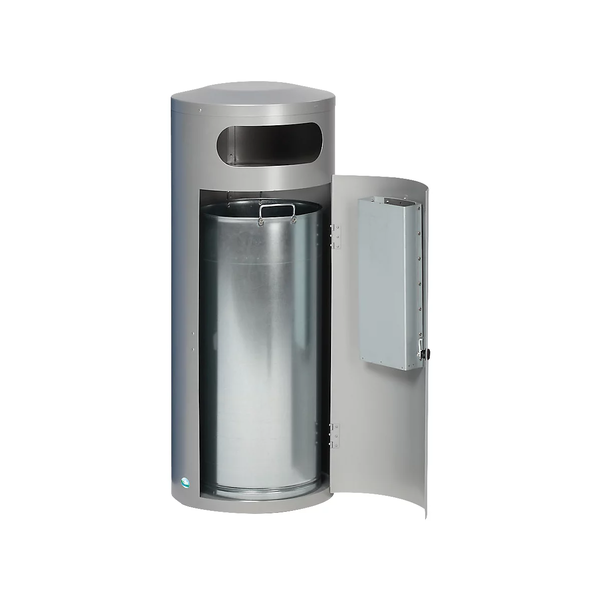VAR KS 70 afvalbak, rond, 70 l inhoud, met interne asbak, afsluitbaar, zelfdovend, met binnenemmer, plaatstaal, zilver