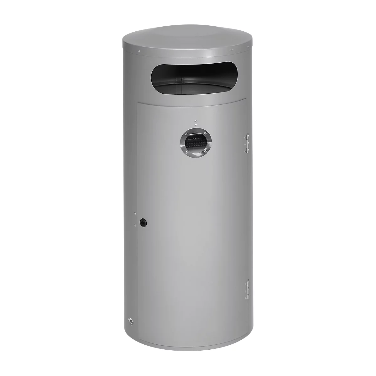 VAR KS 70 afvalbak, rond, 70 l inhoud, met interne asbak, afsluitbaar, zelfdovend, met binnenemmer, plaatstaal, zilver