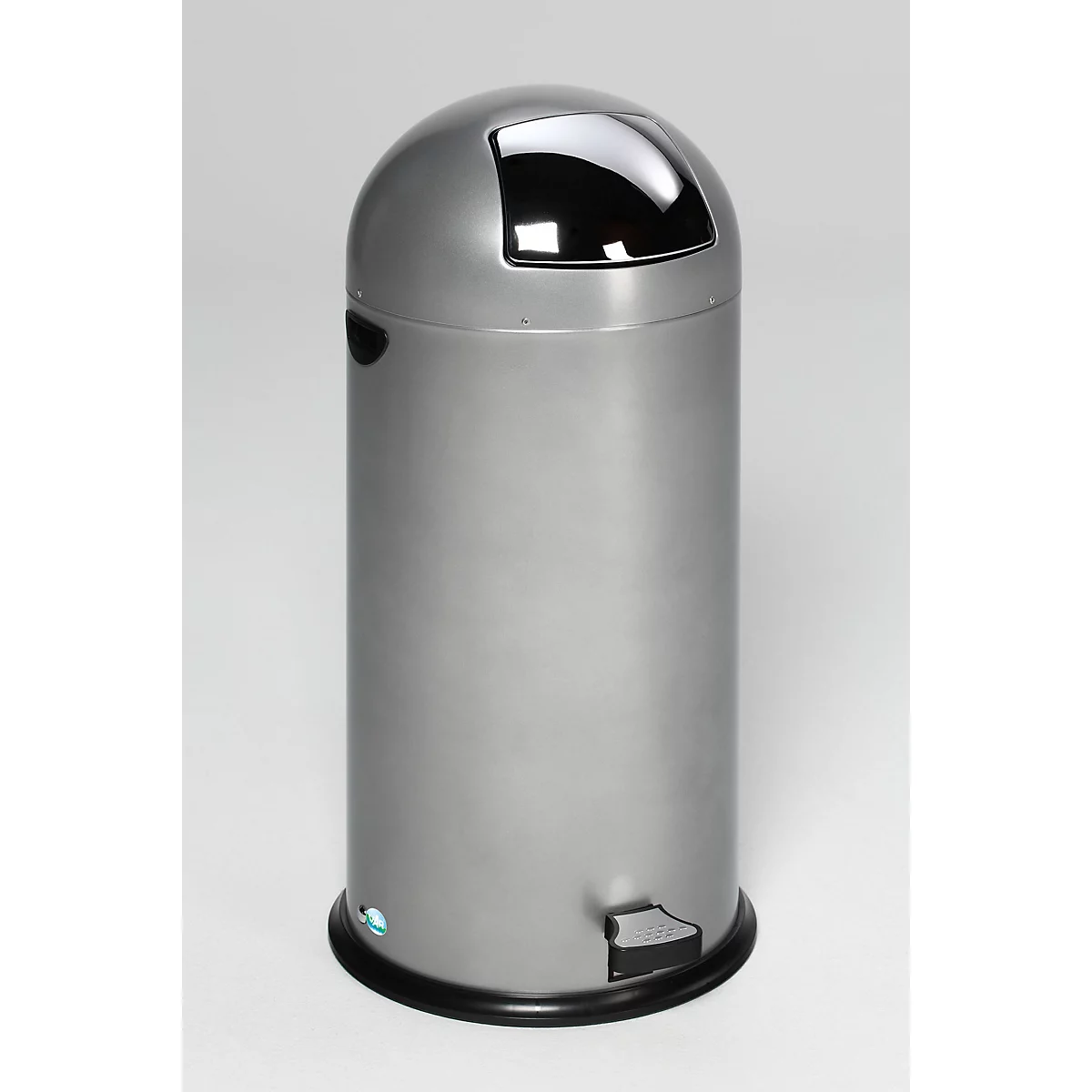 Grauer Abfalleimer mit Deckel, Trittpedal und schwarzem Rand.