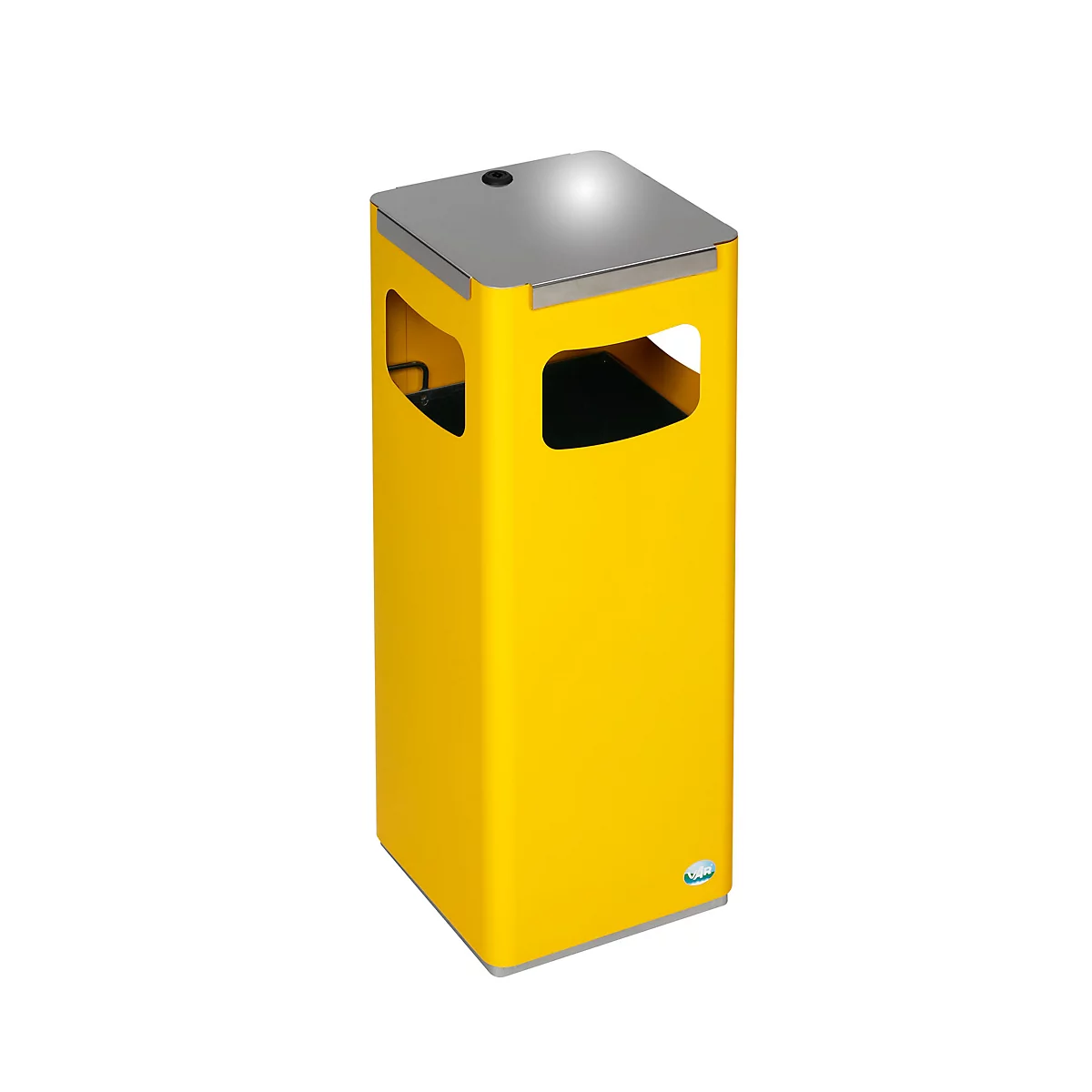 Poubelle rectangulaire jaune avec un couvercle gris. Petite ouverture sur le dessus. Deux ouvertures sur les côtés.