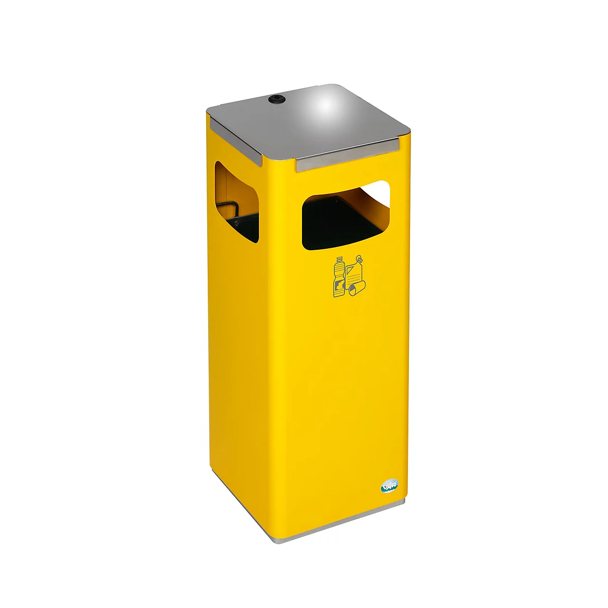 Poubelle carrée jaune avec un couvercle argenté, deux ouvertures, symbole de recyclage.