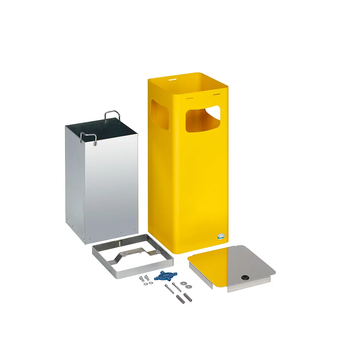 Parties de poubelle jaunes et argentées, démontées.