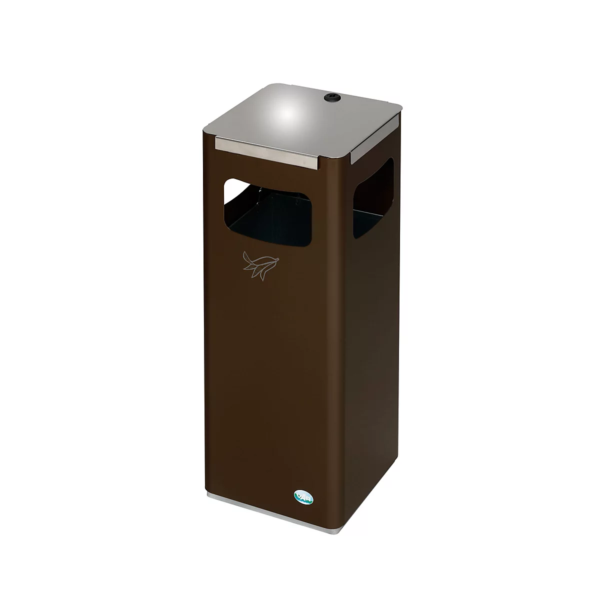 Poubelle rectangulaire marron avec un couvercle et des ouvertures latérales. Un logo est visible sur le devant.