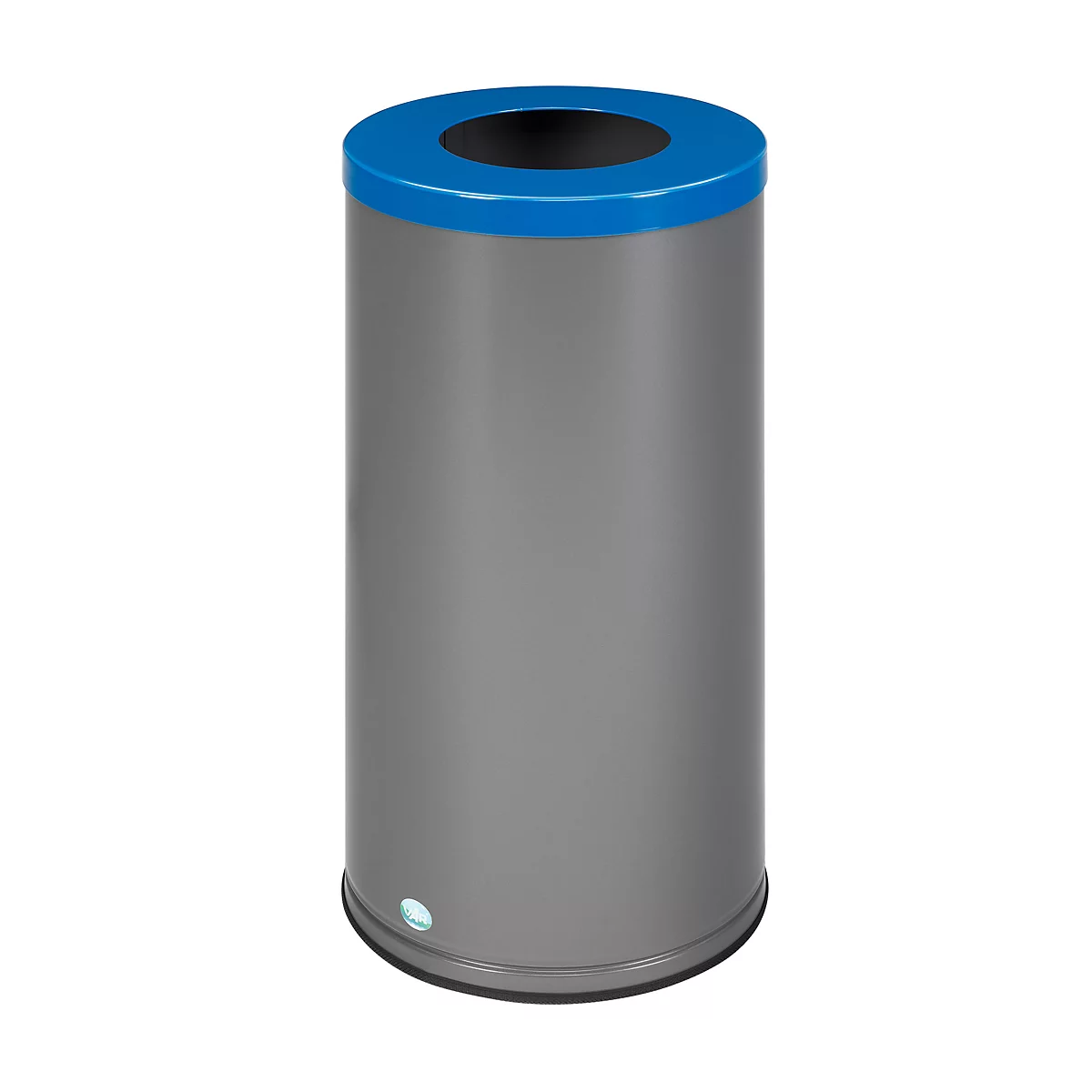 Poubelle cylindrique grise avec couvercle bleu, sur fond blanc.