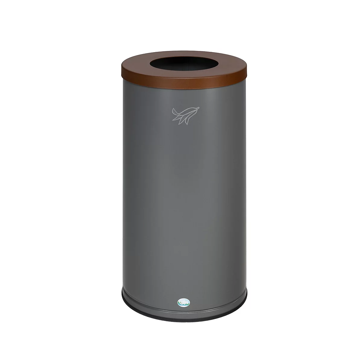Poubelle cylindrique grise avec couvercle et ouverture marron.