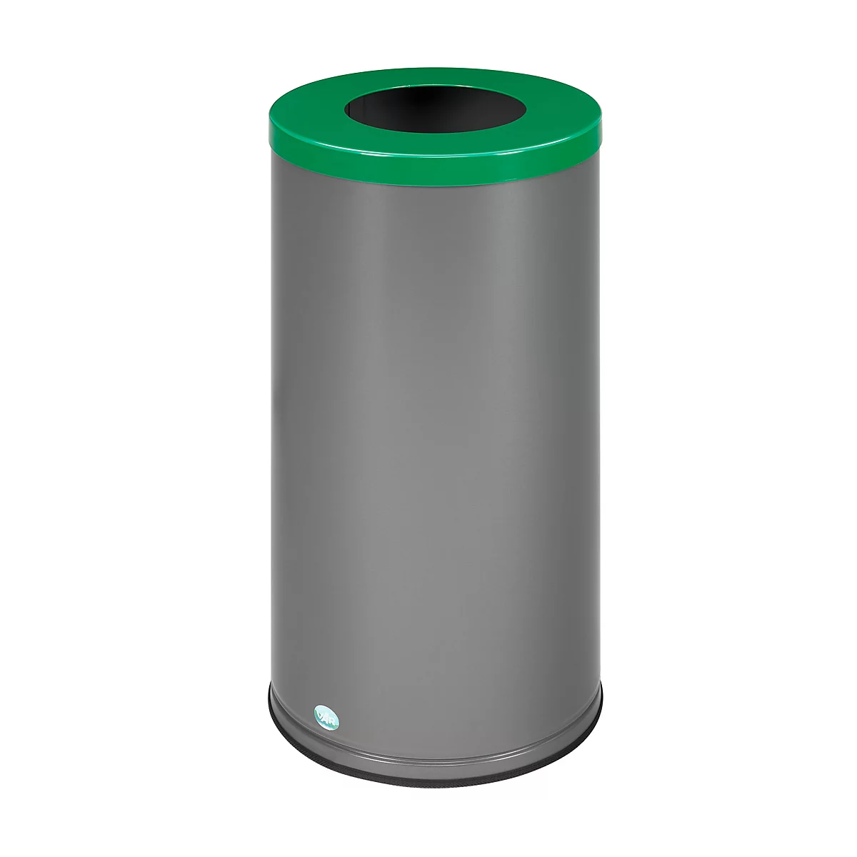 Poubelle cylindrique grise avec couvercle vert. Une ouverture ronde en haut, un petit bouton en bas.