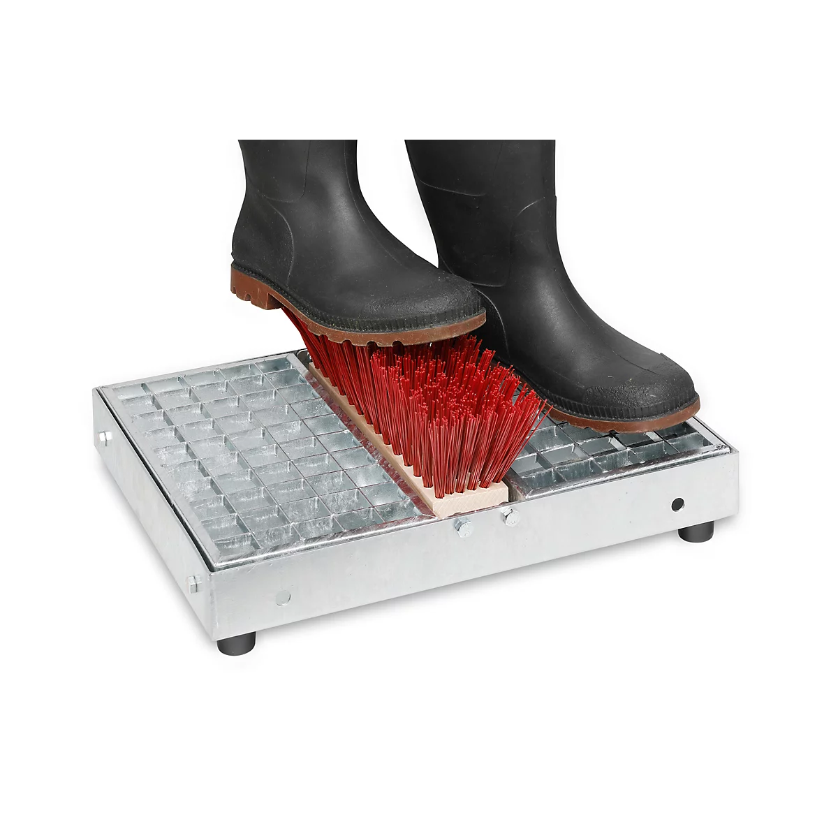Black rubber boots clean their soles with a red-bristled shoe brush on a metal shoe scraper.