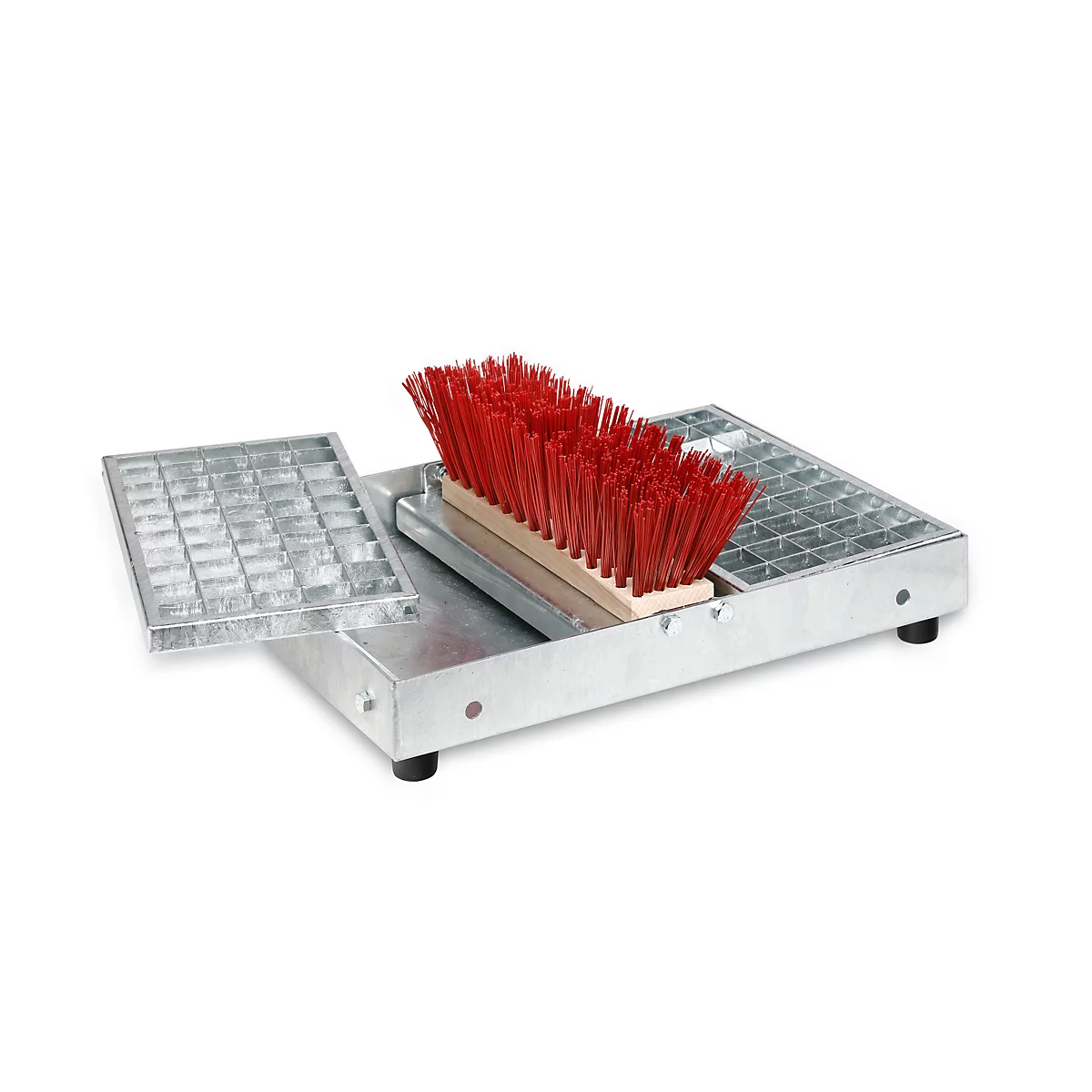 Brush stand with metal grate and red brush.