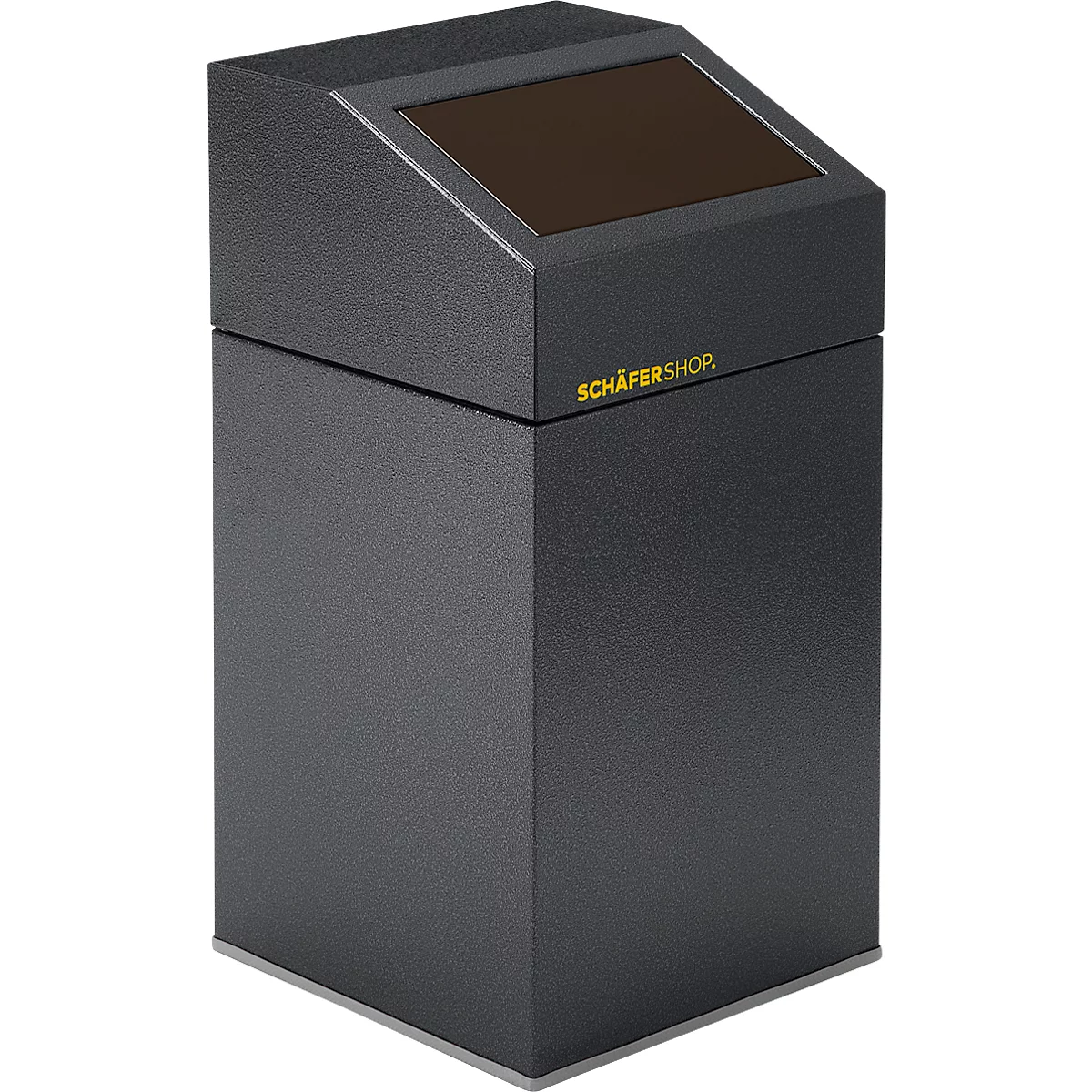 Dunkelgrauer Papierkorb mit schräger Oberseite und brauner Glasabdeckung. Gelber Schriftzug 'SCHÄFER SHOP'.