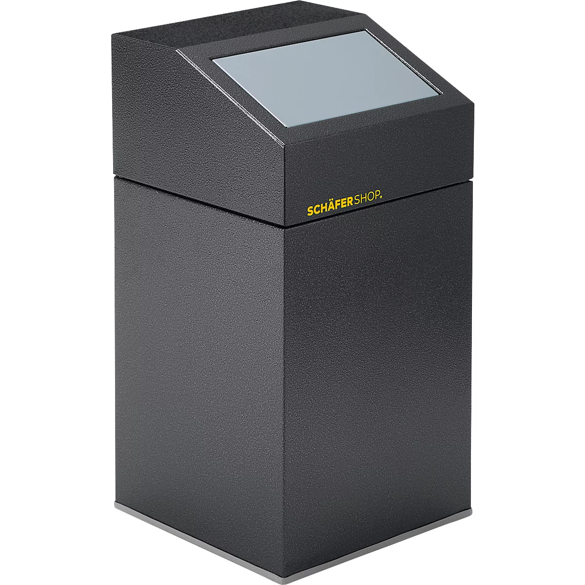 Dunkelgraue Säule mit abgeschrägter Oberseite und Aufschrift 'SCHÄFERSHOP'.