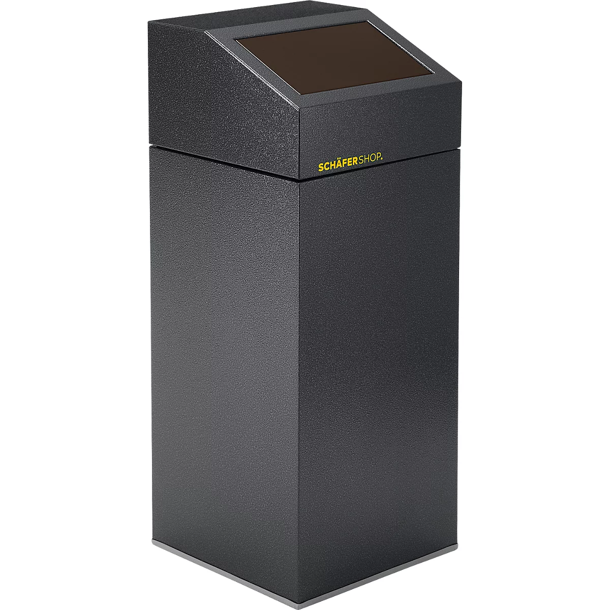 Grauer Abfallbehälter mit brauner Oberseite. Gelber Schriftzug "SCHÄFER SHOP".