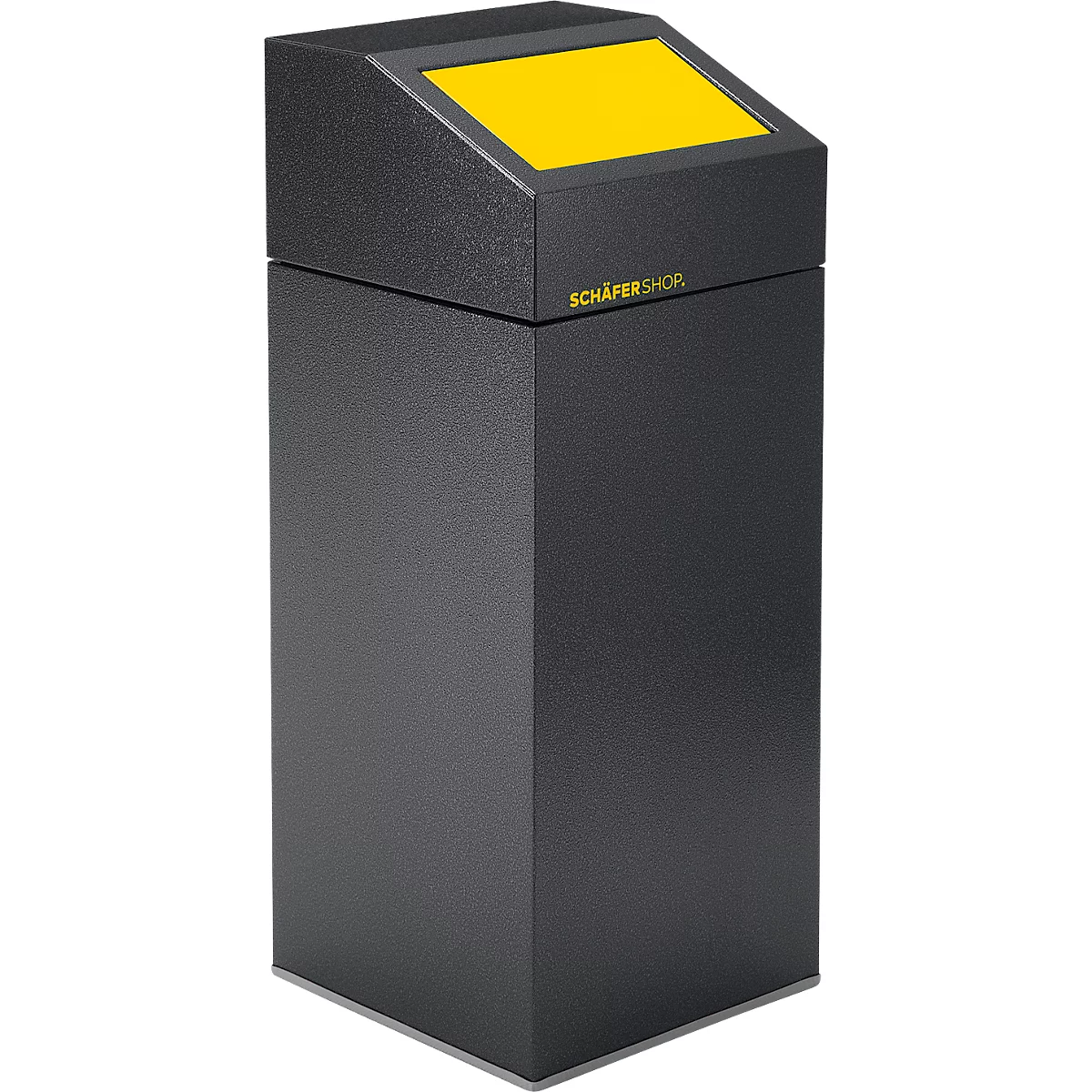 Schwarzer Papierkorb mit gelbem Einwurf. Aufschrift: SchäferShop.