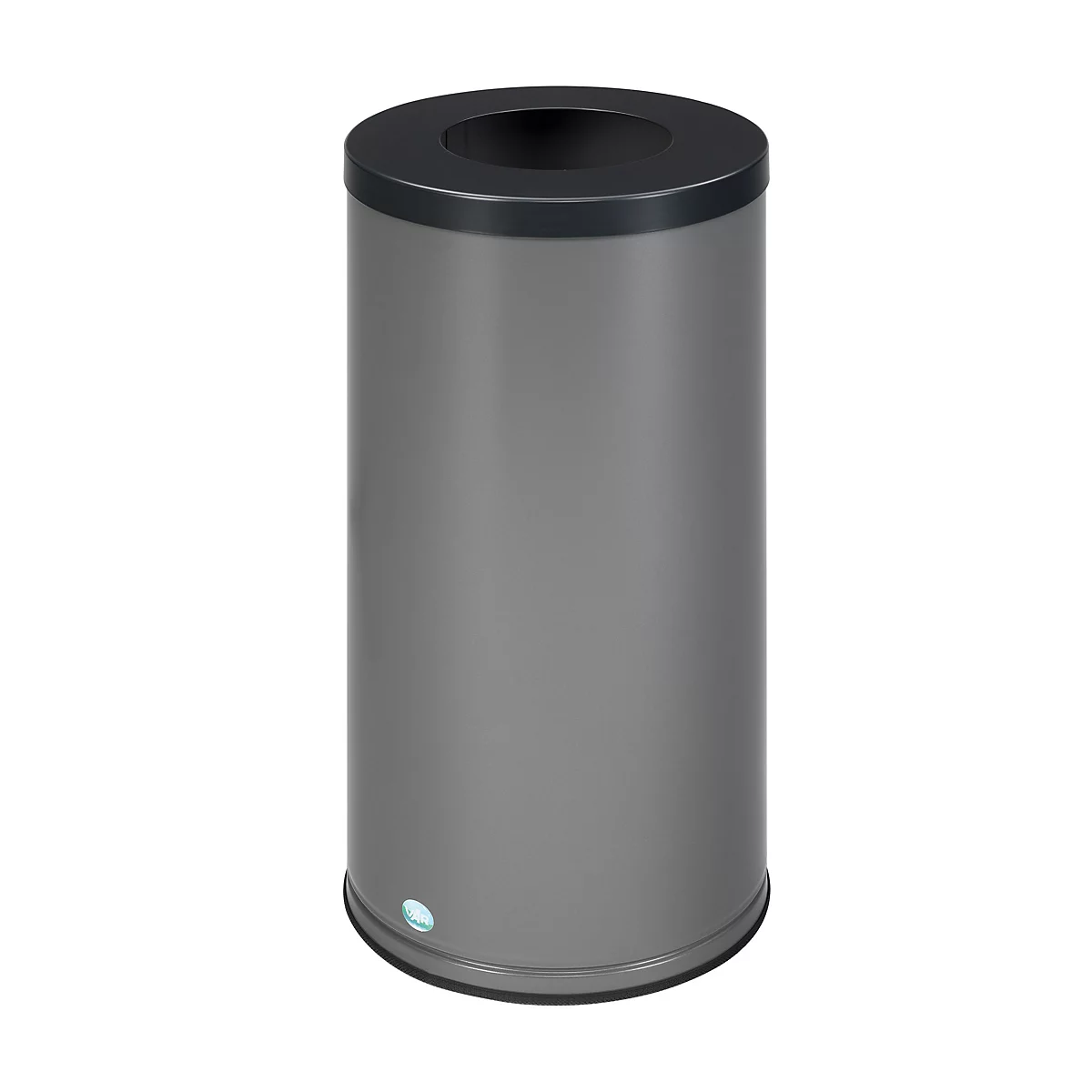 Grauer, zylindrischer Abfalleimer mit schwarzem Deckel und Boden. Logo an der Basis.