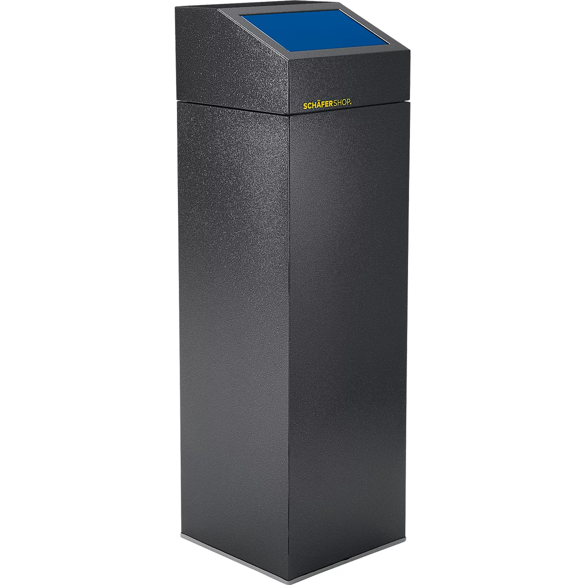 Grauer, säulenförmiger Mülleimer mit blauem Deckel und Logo.