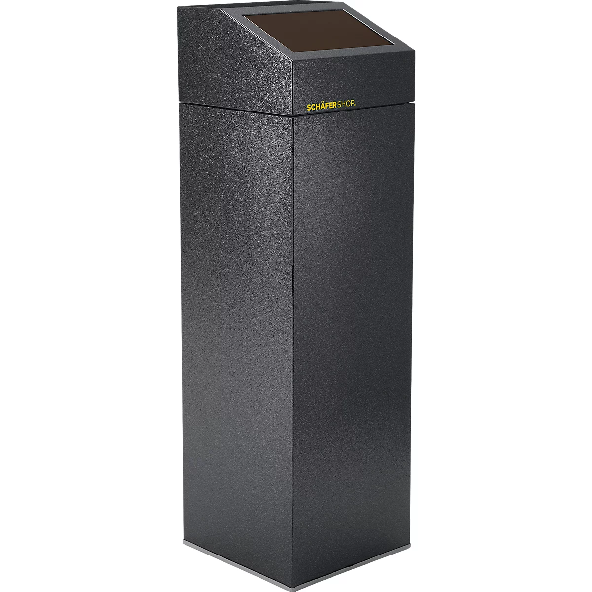 Grauer, säulenförmiger Abfalleimer mit einem dunkleren Deckel und einem Firmenlogo. Der Eimer steht auf weißem Grund.