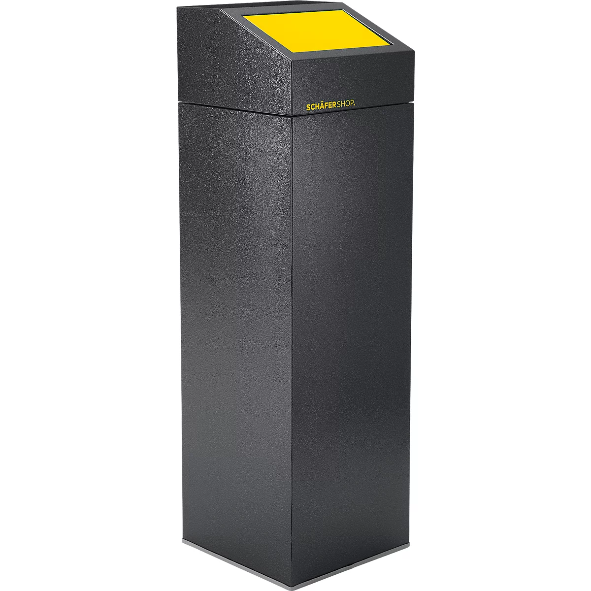 Grauer, säulenförmiger Papierkorb mit gelbem Deckel. Die obere Fläche ist schräg, mit Firmenlogo.