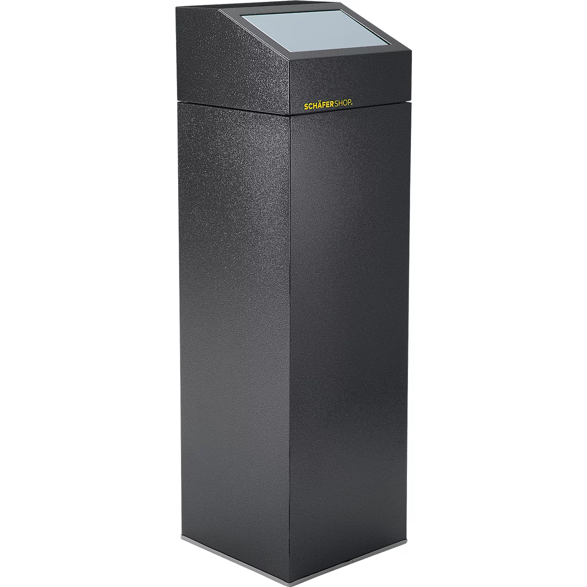 Dunkler quadratischer Pfosten mit abgeschrägter Oberseite und einem grauen Bildschirm.