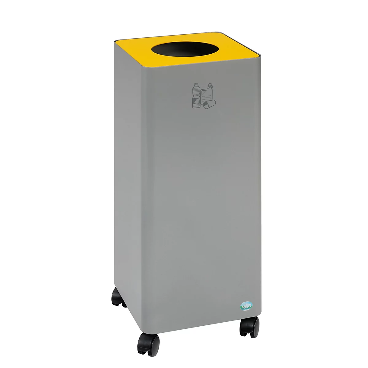 Grauer Abfalleimer mit gelbem Deckel und einem Loch. Er hat Räder und ein Recycling-Symbol.