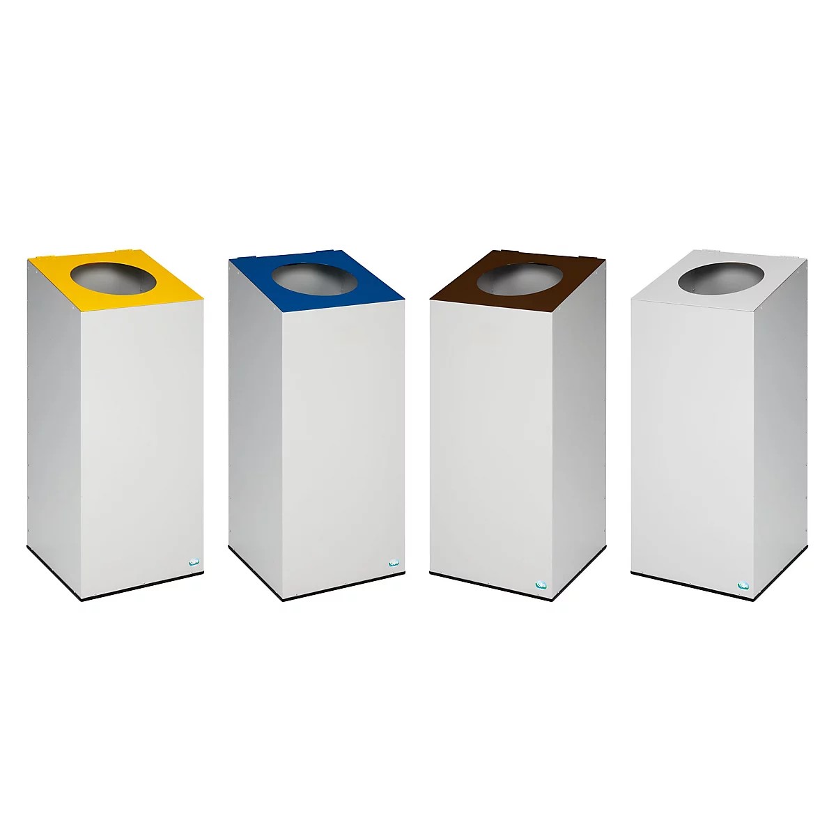 Vier vierkante witte vuilnisbakken met gekleurde deksels. Geel, blauw, bruin en grijs.