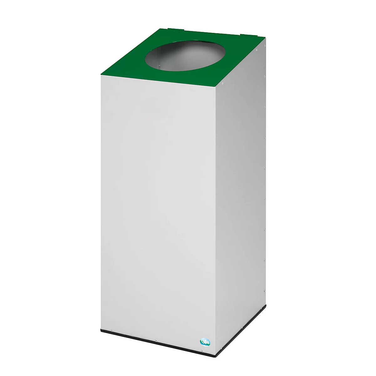 Witte, kubusvormige afvalbak met groen deksel en ronde opening. Op zwarte grondplaat, klein blauw lampje onderaan.