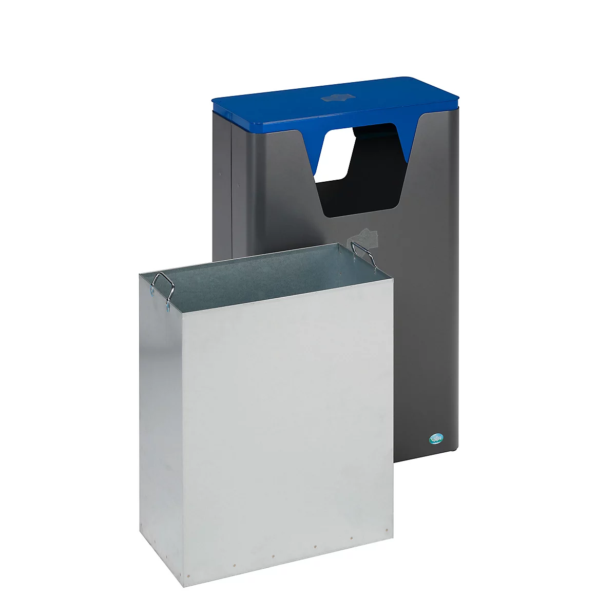 Afvalbakken met een blauwe bovenkant, met daarachter een rechthoekige vuilnisbak met een uitneembare metalen container.