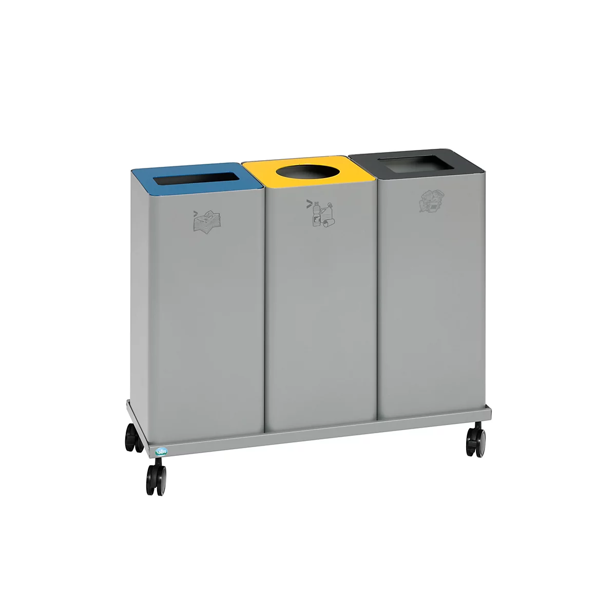 Grijze vuilnisbak met drie compartimenten, blauw, geel en zwart. Op wielen.