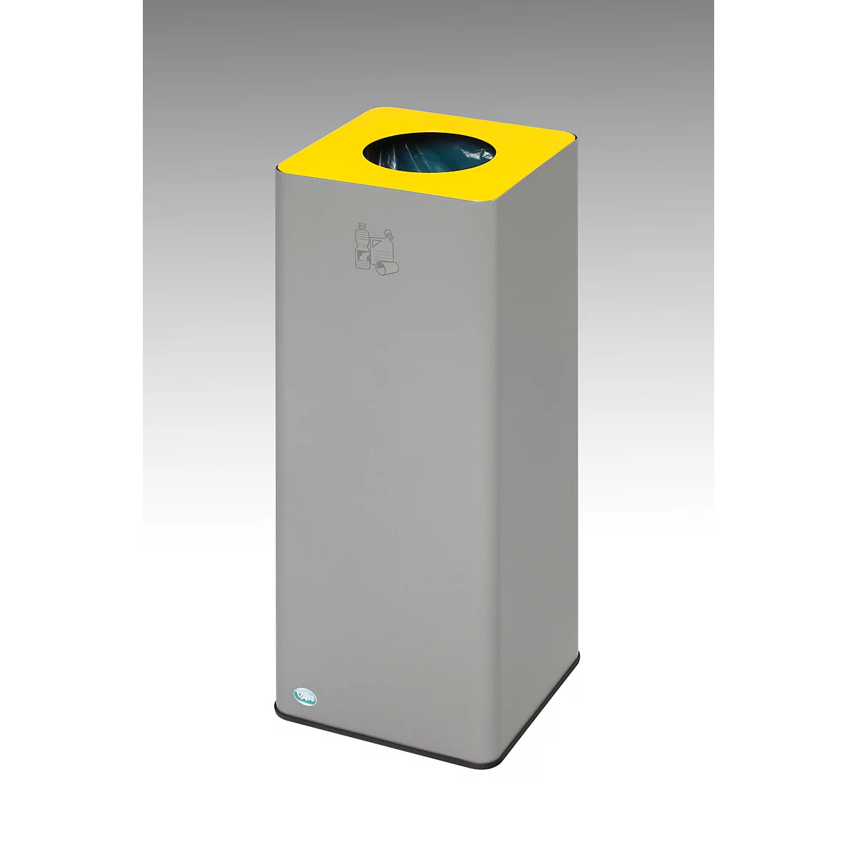 Grijze vuilnisbak met gele deksel en rond gat. Op de bak staan ​​recyclingsymbolen.