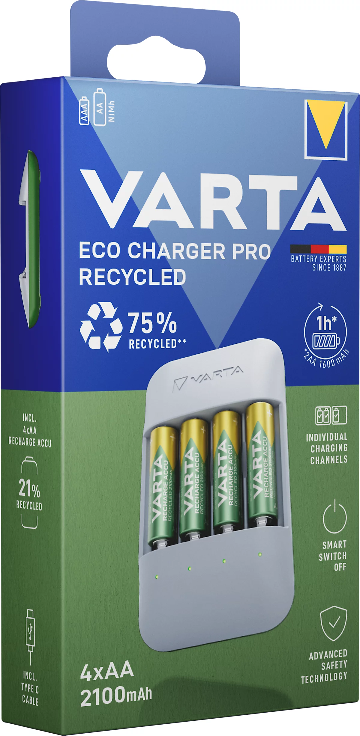 VARTA Akku Ladegerät Eco Charger Pro Recycled, aus 75% Recyclingmaterial, inkl. USB-Typ-C Ladekabel und 4x AA 2100 mAh NiMH-Akkus
