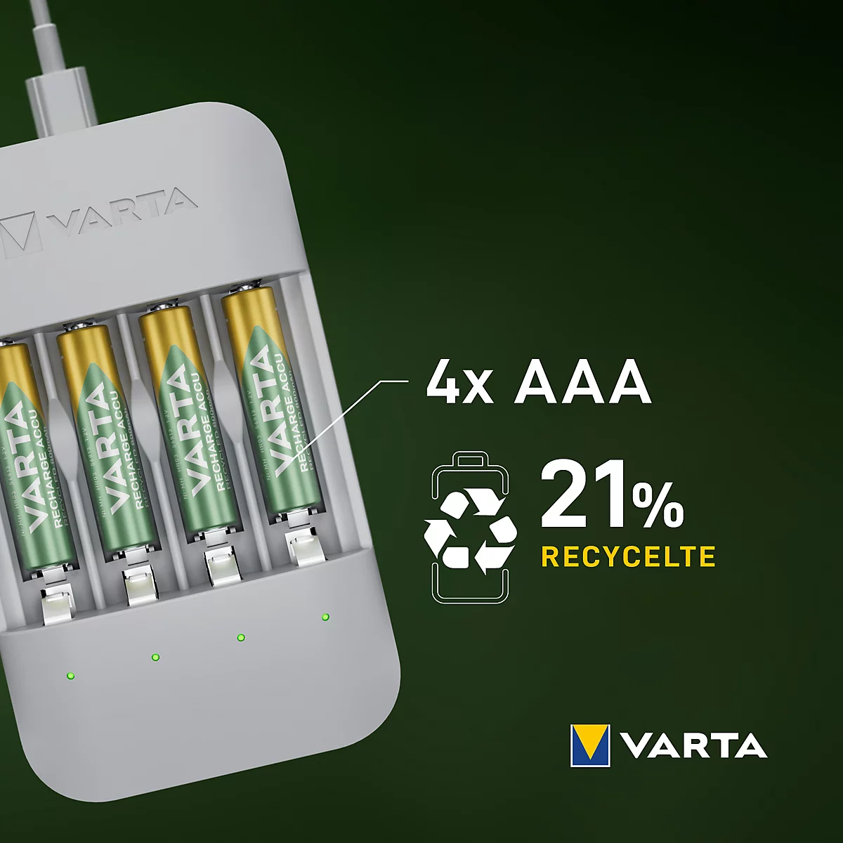 VARTA Akku Ladegerät Eco Charger Pro Recycled, aus 75% Recyclingmaterial, inkl. USB-Typ-C Ladekabel und 4x AAA 800 mAh NiMH Akkus